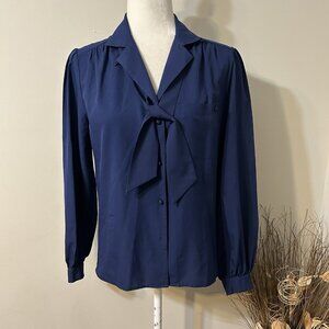 Vtg Lady Manhattan Button Up Blouse Women Long Sleeve Blue Tie Front Sz 10 Flaw